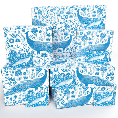 Blue Peacocks Wrapping Paper • 100% Recycled • Vegan Ink